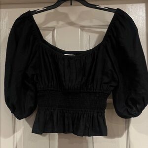 Faithfull the Brand Black Puff Sleeve Smocked Peplum Top